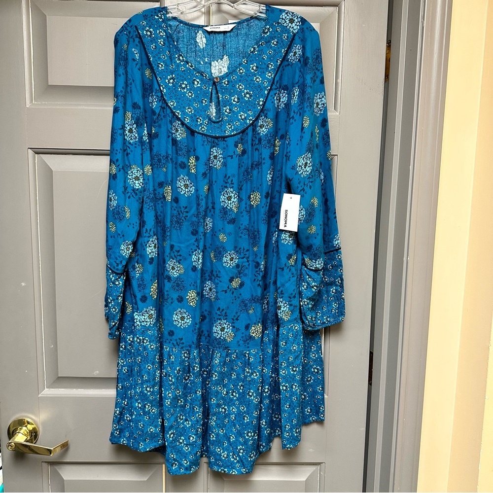 Sonoma Boho Floral Dress Blue Size 1X NWT Peasant Prairie Tiered Flowy Tunic - Picture 4 of 11